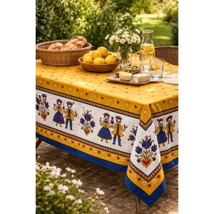 Vintage Made in Austria Cotton Tablecloth Mustard Yellow Folk Art Figural Border